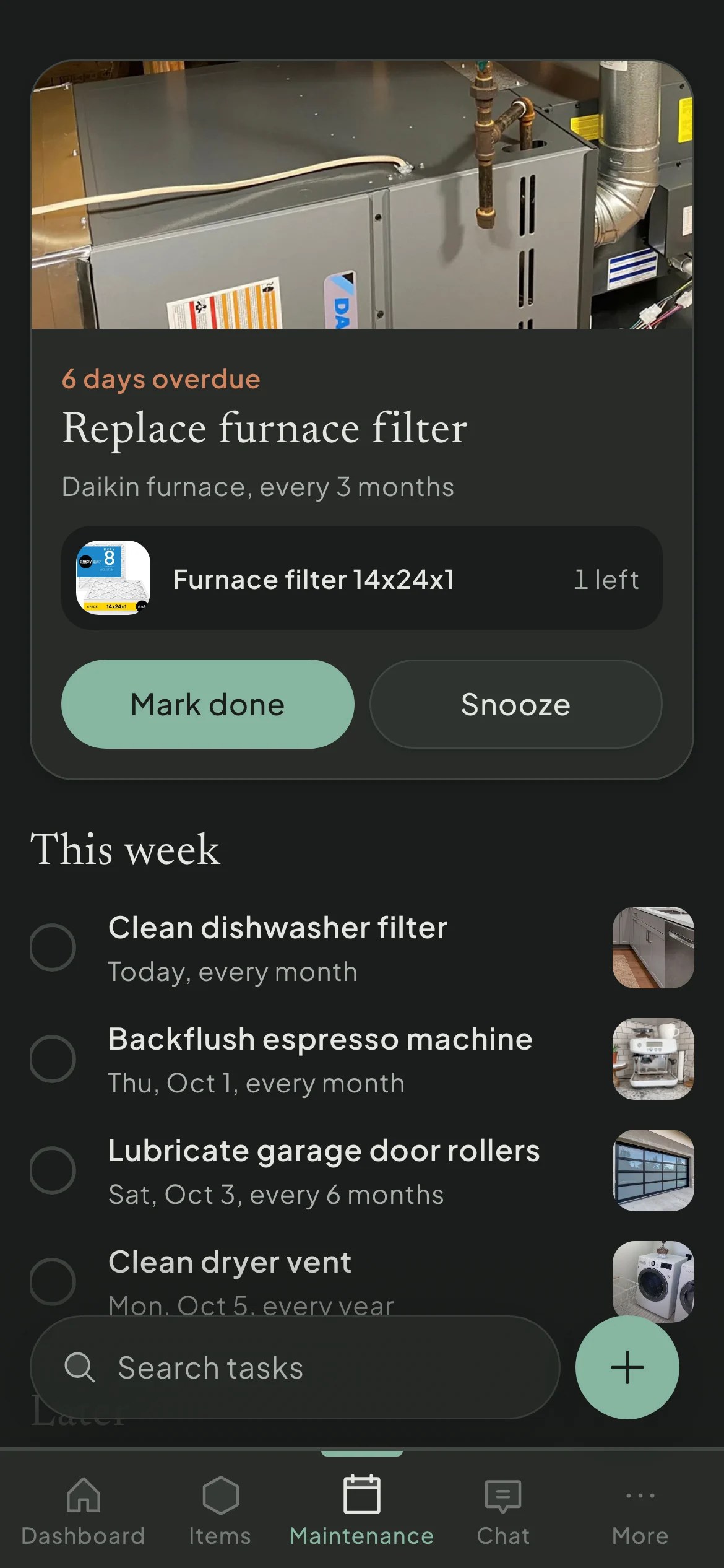Haven's task agenda with this week's maintenance