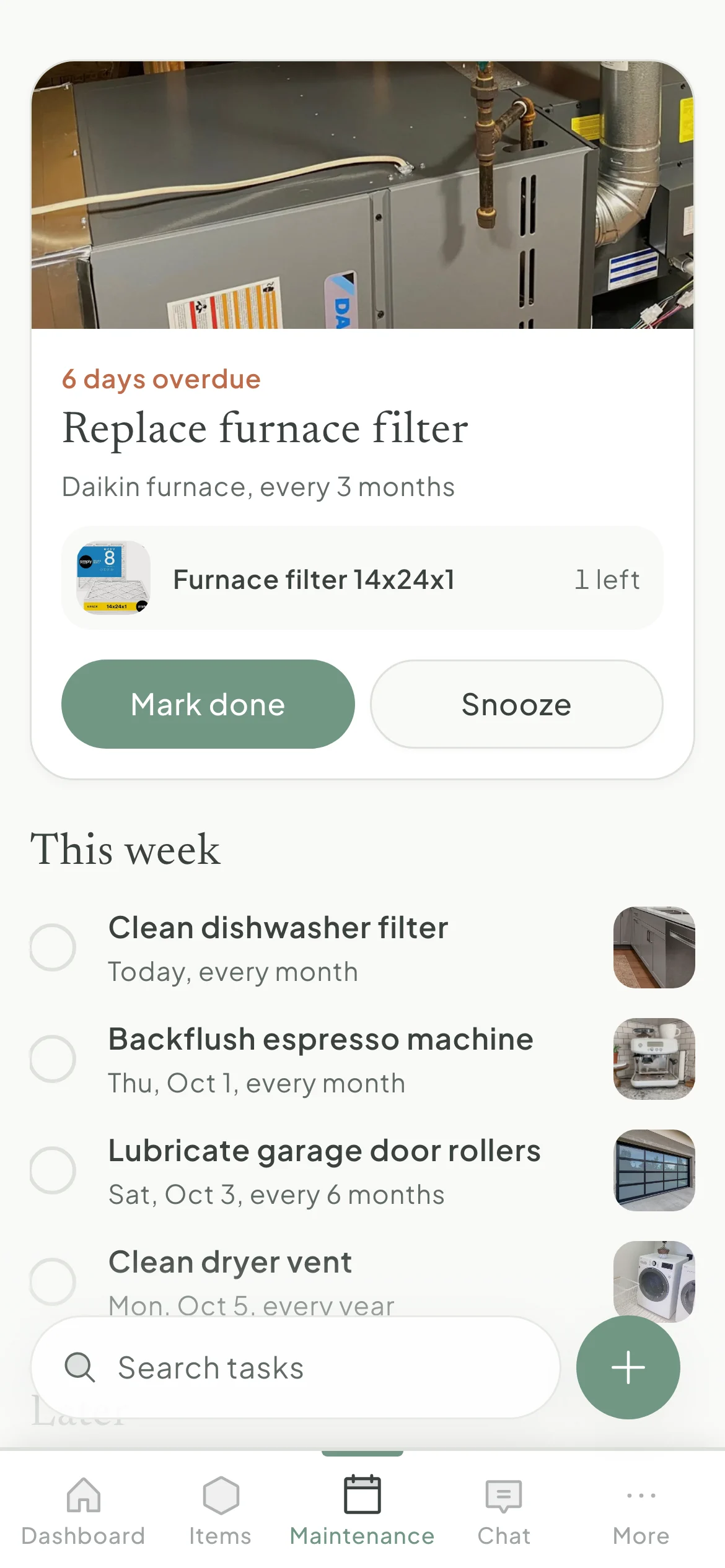 Haven's task agenda with this week's maintenance