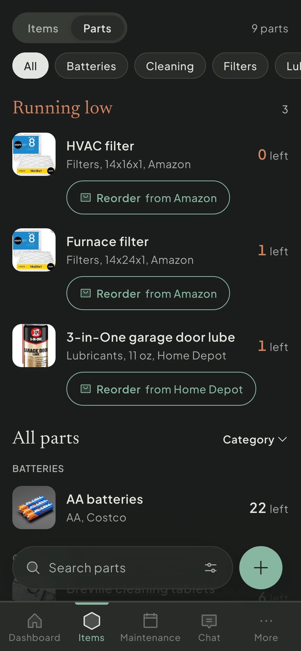 Haven's parts list with a Running low section