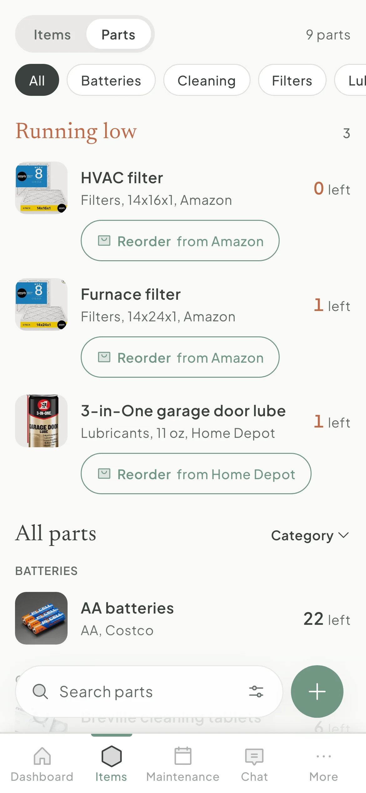 Haven's parts list with a Running low section