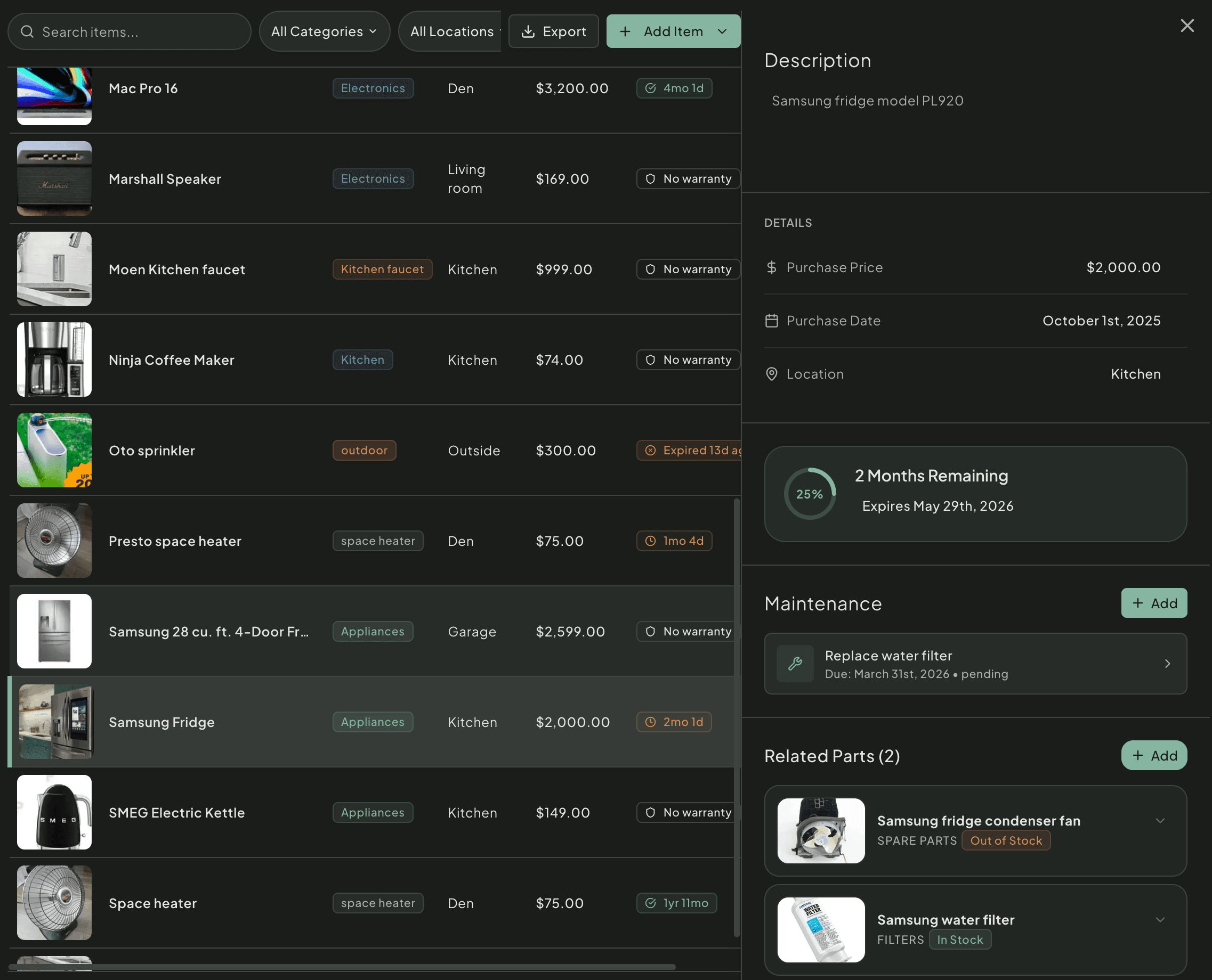 Home inventory with item details