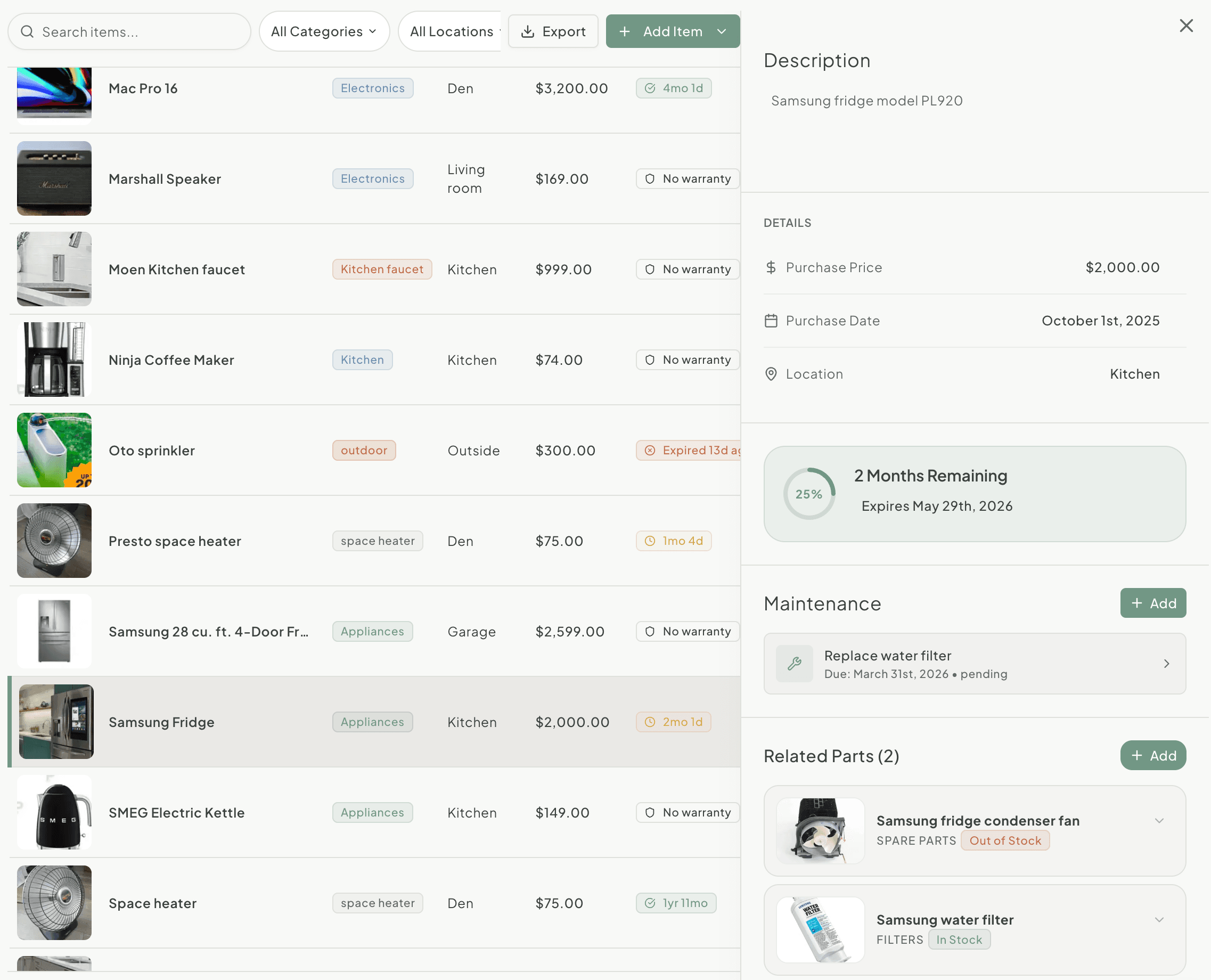 Home inventory with item details