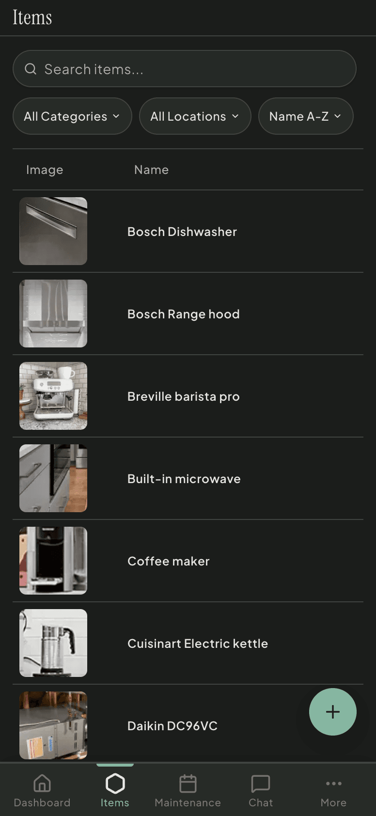 Home inventory with item details