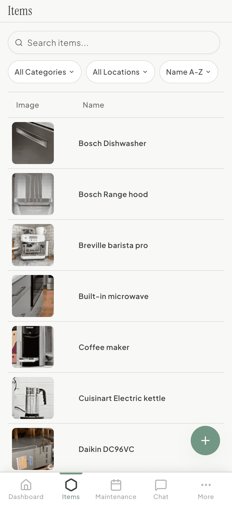Home inventory with item details