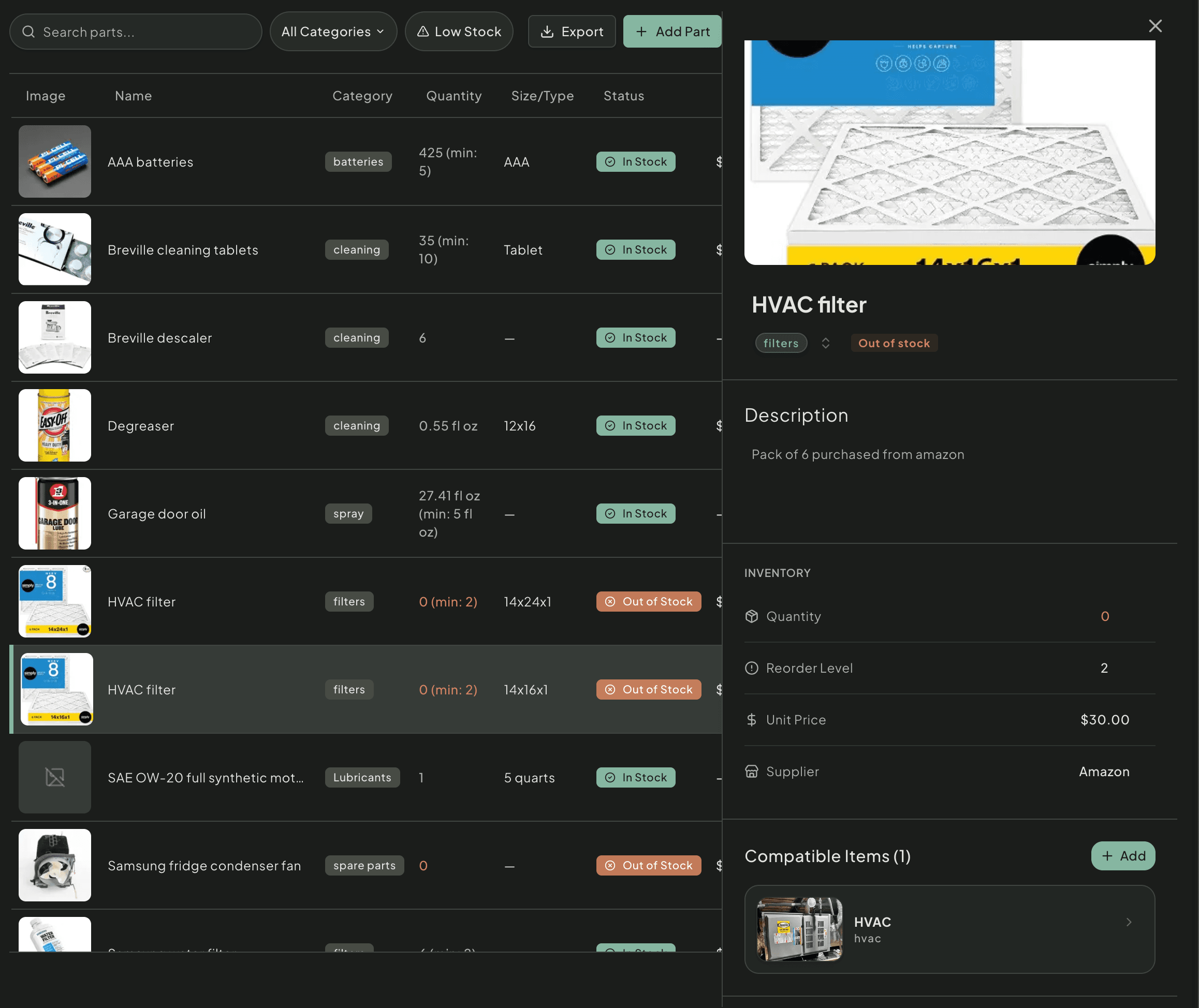 Replacement parts tracking