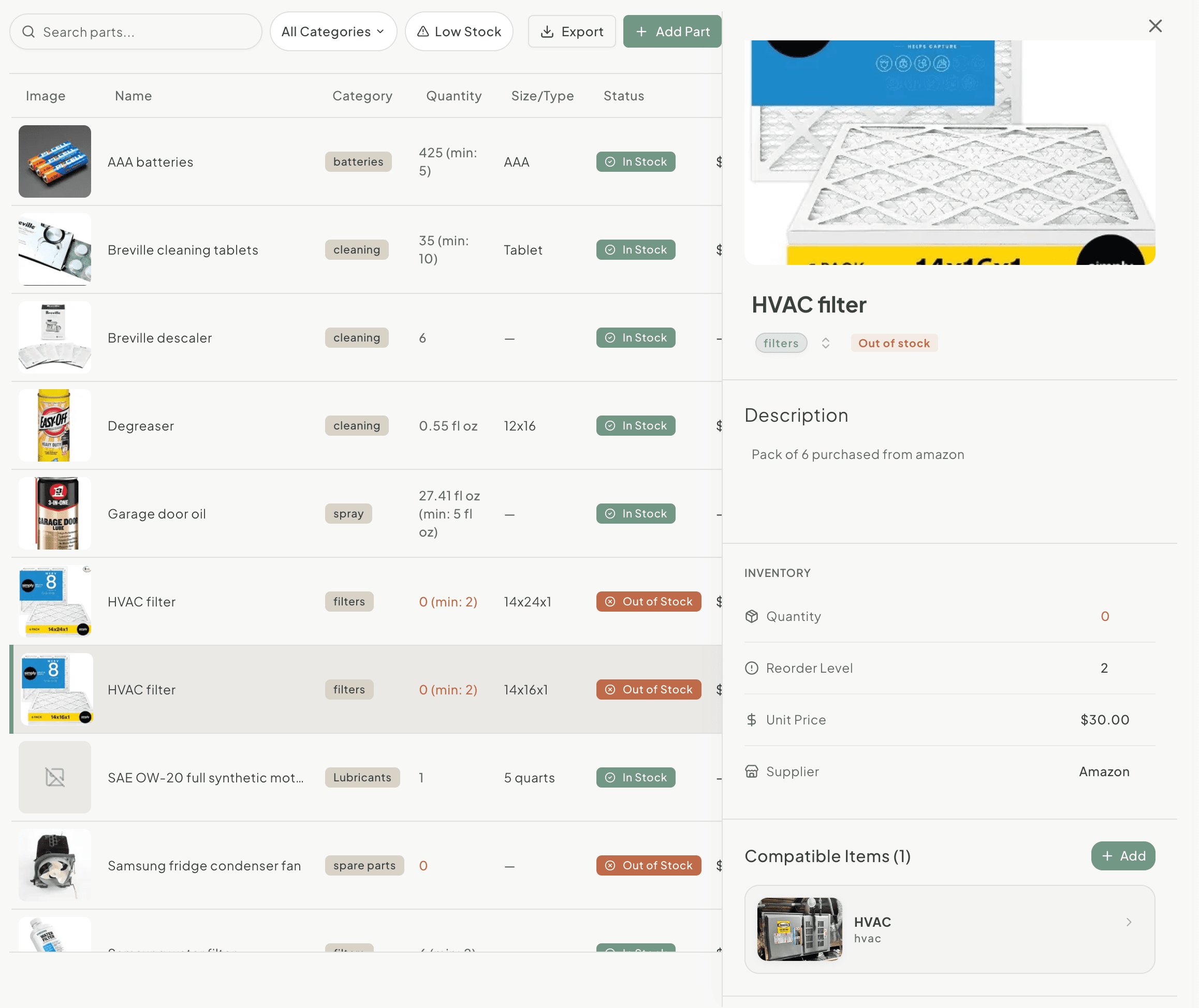 Replacement parts tracking