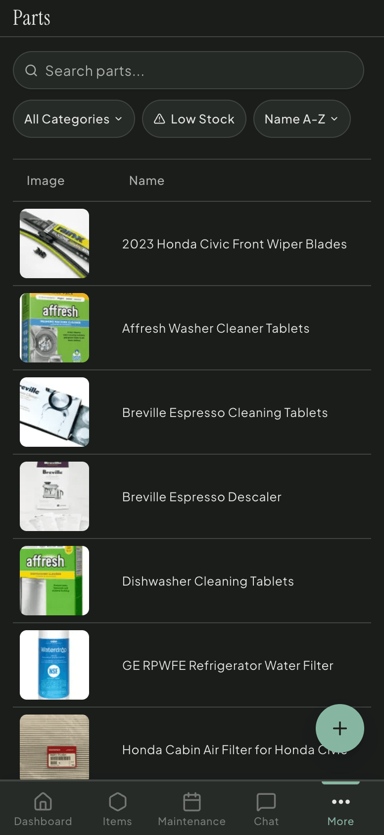 Replacement parts tracking