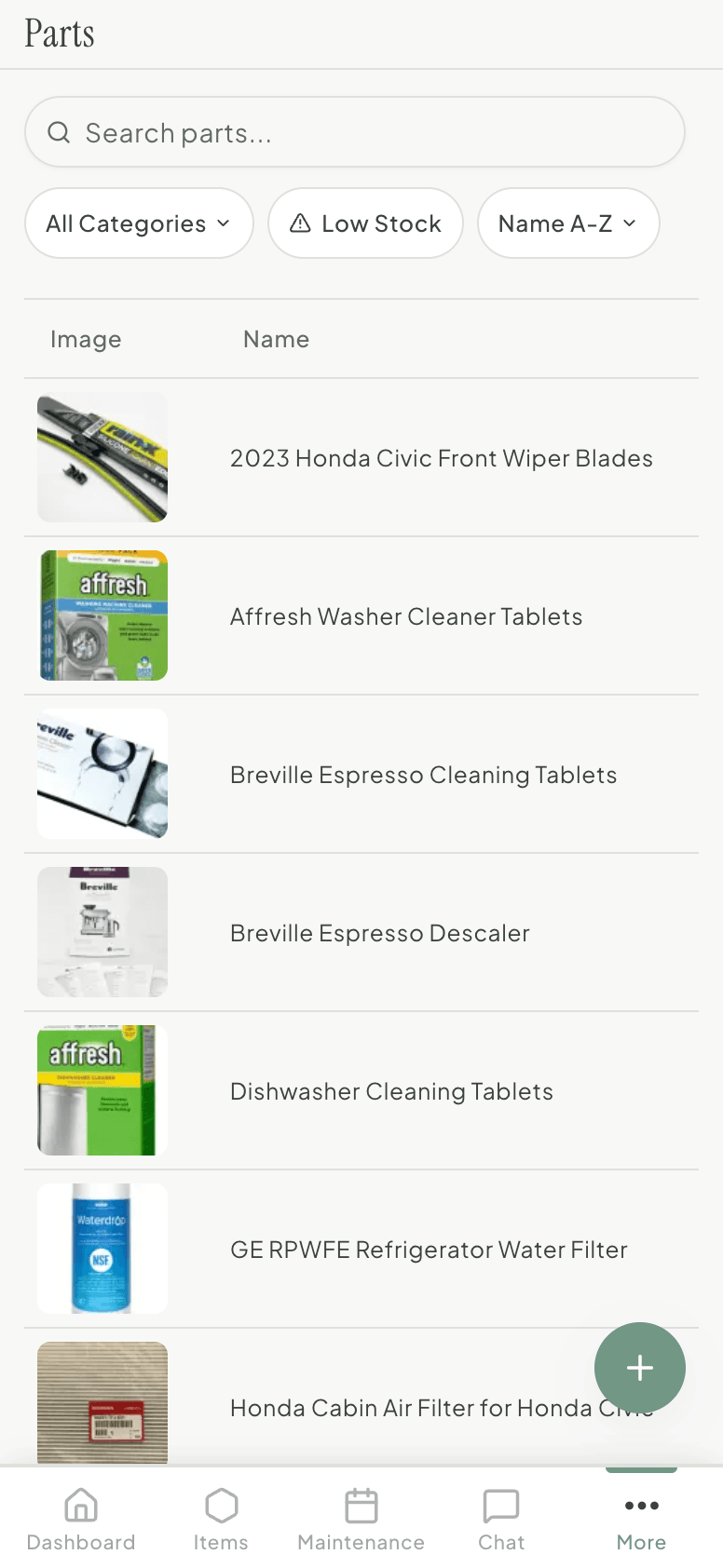 Replacement parts tracking