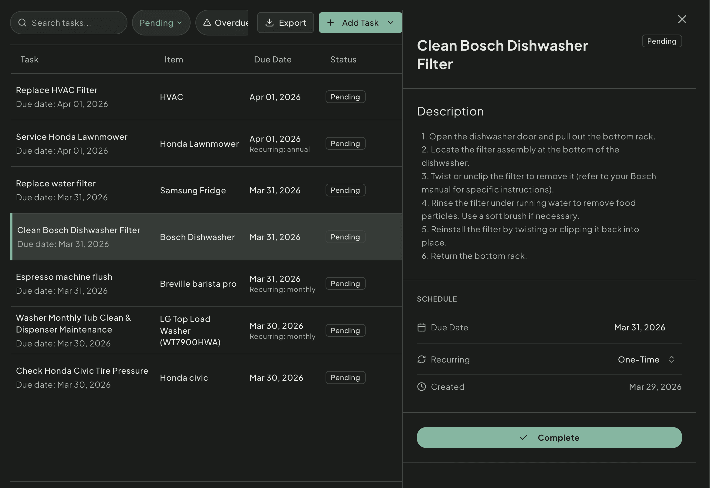 Maintenance task list